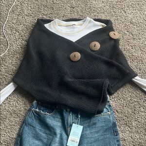 Elegant Black Wrap Sweater with Button Detail NWOT